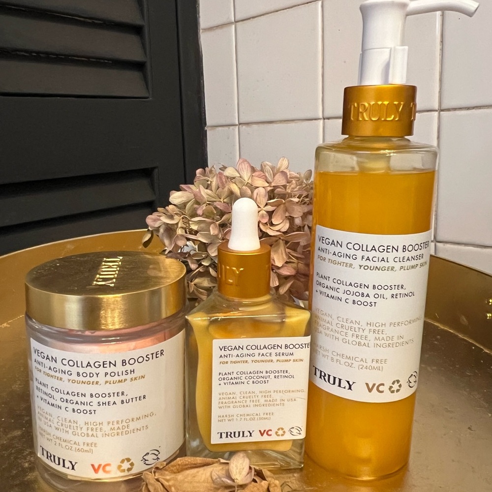 TRULY Set of 3 NEW Vegan Collagen Booster Face Serum,Facial Cleanser,Body Polish